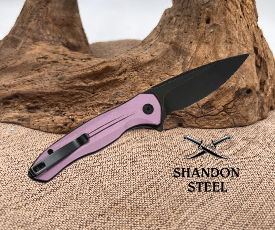 CIVIVI Button Lock Kitefin Flipper Knife Purple Aluminum Handle (3.22" Black Stonewashed 14C28N Blade) C24091-3