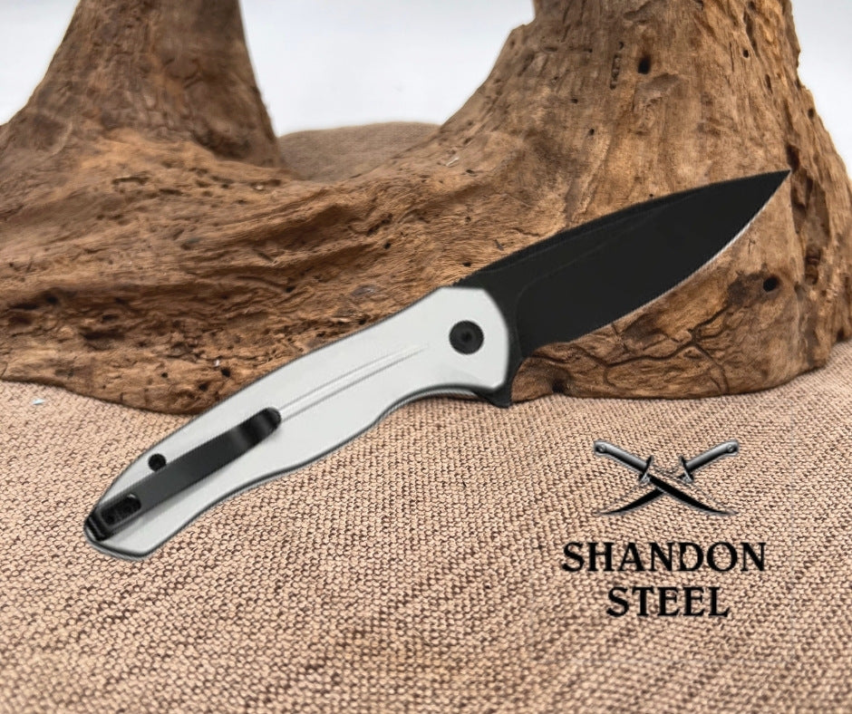 CIVIVI Button Lock Kitefin Flipper Knife Silver Aluminum Handle (3.22" Black Stonewashed 14C28N Blade) C24091-2