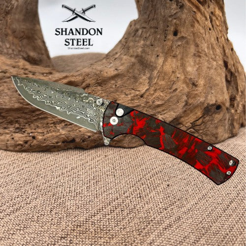Klaken Knives Riftline Red/Black Carbon Fiber Damascus Button Lock Knife (65)