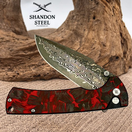 Klaken Knives Riftline Red/Black Carbon Fiber Damascus Button Lock Knife (65)