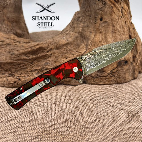 Klaken Knives Riftline Red/Black Carbon Fiber Damascus Button Lock Knife (65)