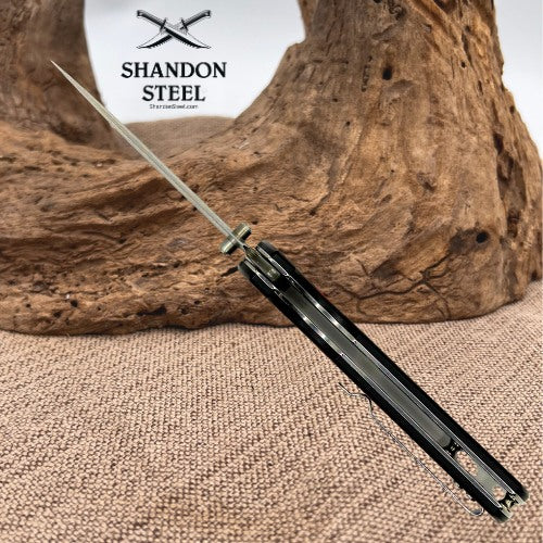 Klaken Knives Riftline Red/Black Carbon Fiber Damascus Button Lock Knife (65)