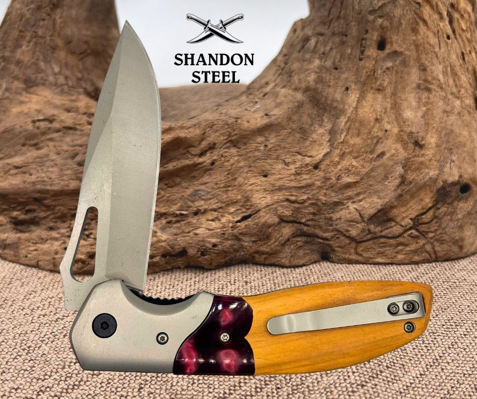 Wood/ Resin Drop Point Folding Flipper EDC Pocket Knife w/ Deep Carry Clip (164)