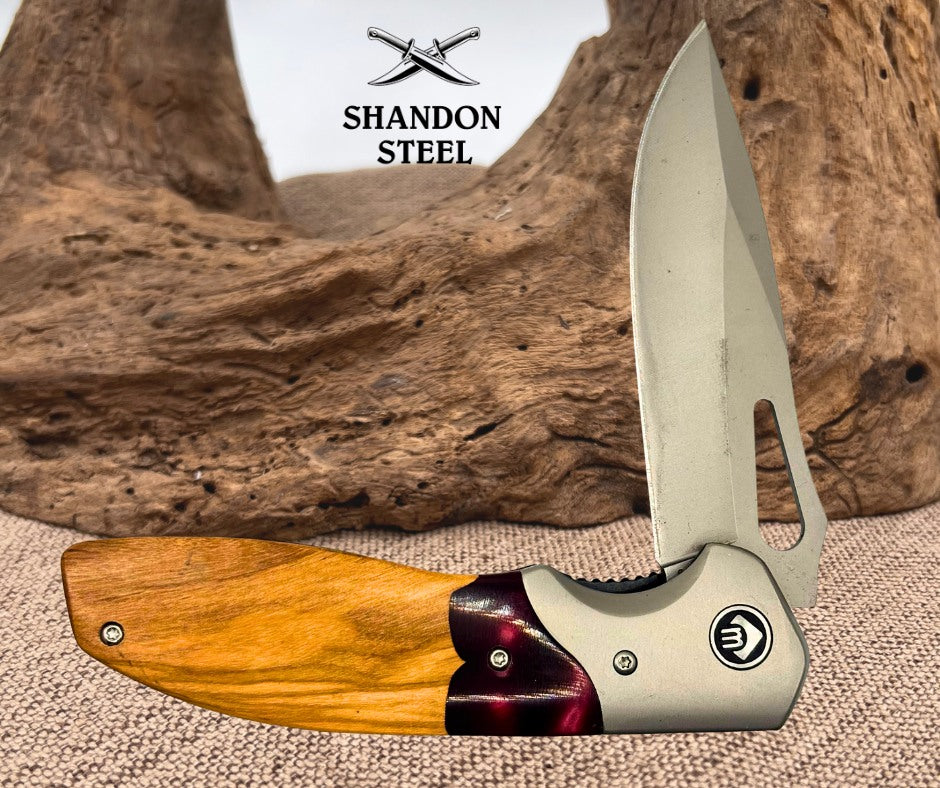 Wood/ Resin Drop Point Folding Flipper EDC Pocket Knife w/ Deep Carry Clip (164)