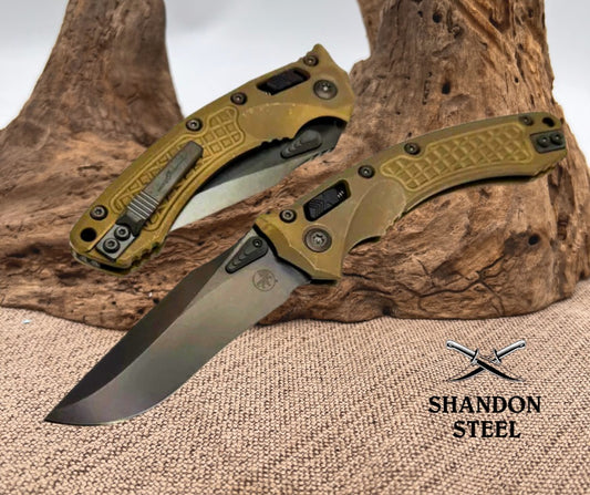 Microtech Marfione Select Amphibian RAM LOK Antique Bronze Frag Titanium Handles & DLC M390MK & DLC Accents 137RL-1DLCTFRMS1
