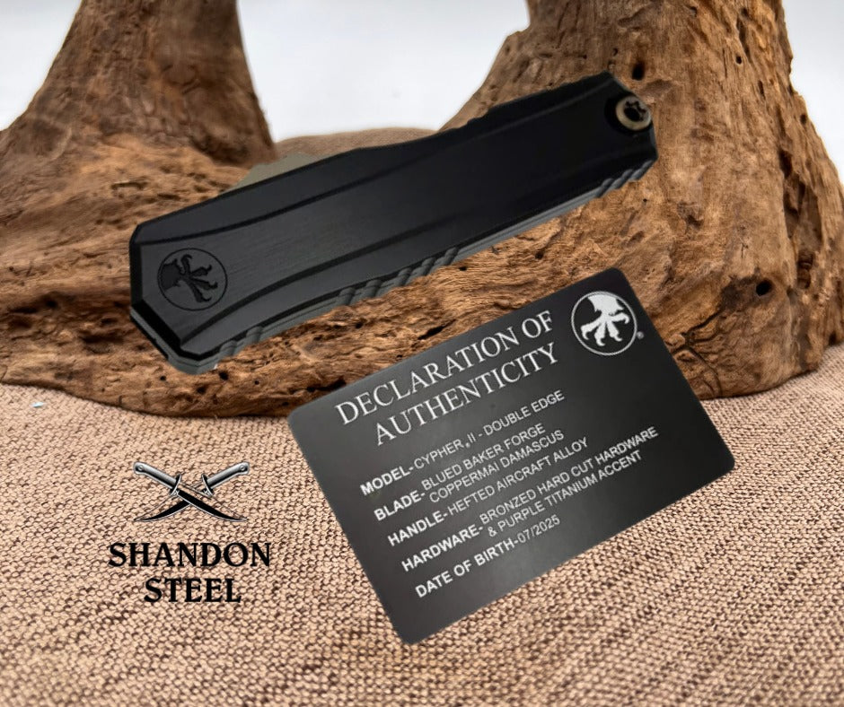 Cypher® II - Double Edge Marfione Select Blued Baker Forge Coppermai Damascus Hefted Alloy Bronzed Hard Cut Hardware & Purple Titanium Accent