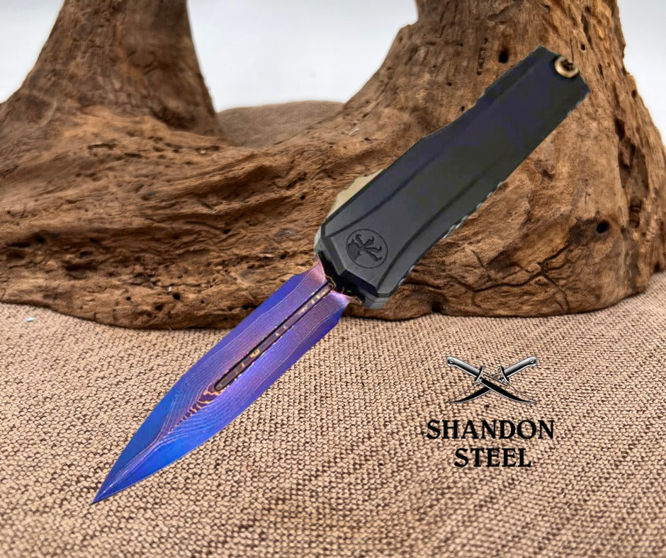 Cypher® II - Double Edge Marfione Select Blued Baker Forge Coppermai Damascus Hefted Alloy Bronzed Hard Cut Hardware & Purple Titanium Accent