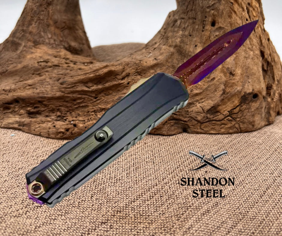 Cypher® II - Double Edge Marfione Select Blued Baker Forge Coppermai Damascus Hefted Alloy Bronzed Hard Cut Hardware & Purple Titanium Accent