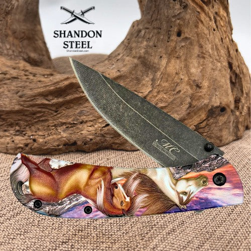 Masters Collection Wild Horses Spring Assisted Drop Point Knife MC-A031 (208)