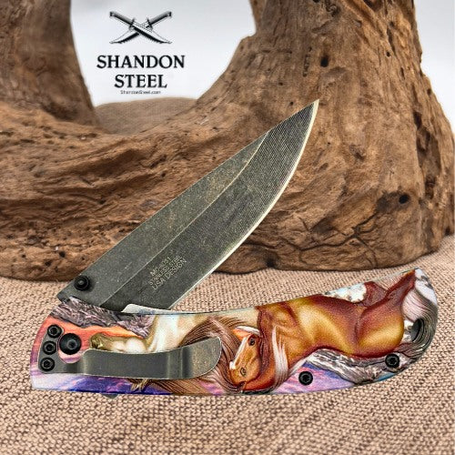 Masters Collection Wild Horses Spring Assisted Drop Point Knife MC-A031 (208)