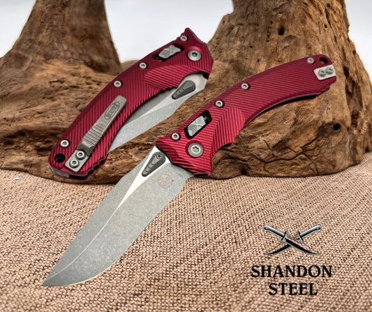 Microtech Amphibian RAM LOK Merlot Fluted Aluminum & Apocalyptic M390MK 137RL-10APFLMR