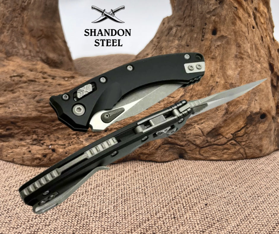 Microtech Amphibian Mini RAM LOK Black Aluminum & Apocalyptic M390MK 137MRL-10AP