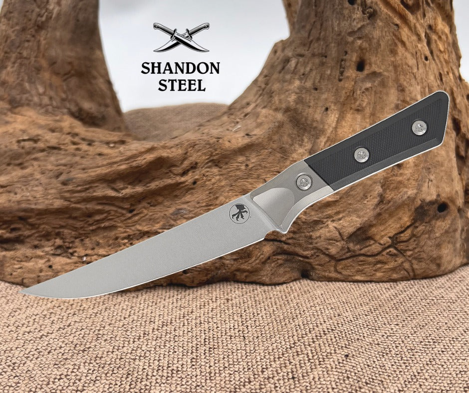 Microtech Boning Knife Stonewash Titanium Bolster Black G-10 Handle w/ Stonewash M390MK 3100B-10BK