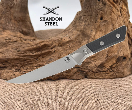 Microtech Boning Knife Stonewash Titanium Bolster Black G-10 Handle w/ Stonewash M390MK 3100B-10BK