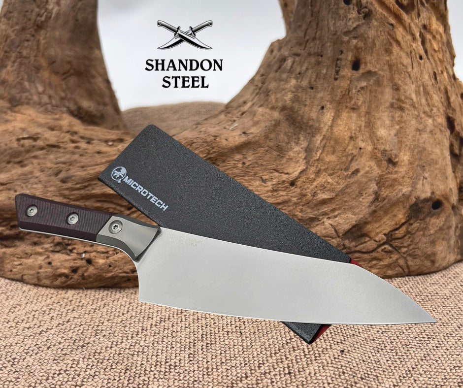 Microtech Chef's Knife Black Cherry G-10/Bead Blast Ti Handle w/ Stonewash M390MK 3000B-10BC