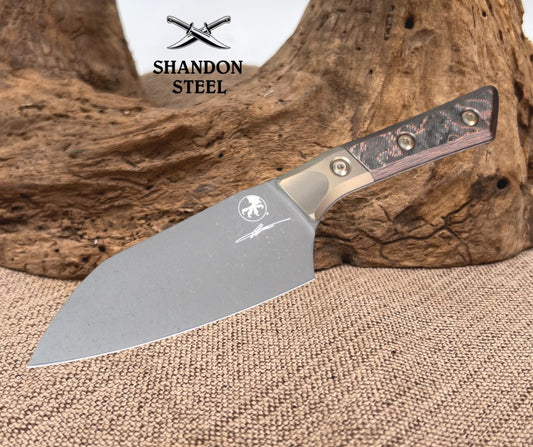 Microtech Cutlery- Santoku 6"- Bronze Bead Blast Titanium Bolster- Live Wire Carbon Fiber Handles- Stonewash Blade 3200B-1 DLCLWCFS
