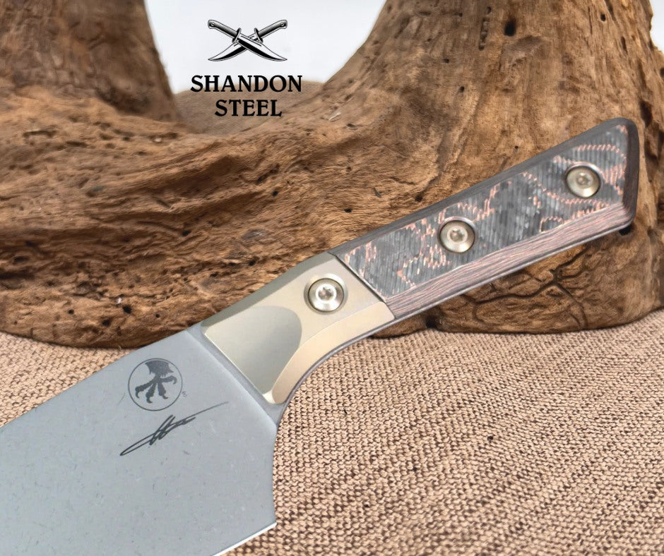 Microtech Cutlery- Santoku 6"- Bronze Bead Blast Titanium Bolster- Live Wire Carbon Fiber Handles- Stonewash Blade 3200B-1 DLCLWCFS