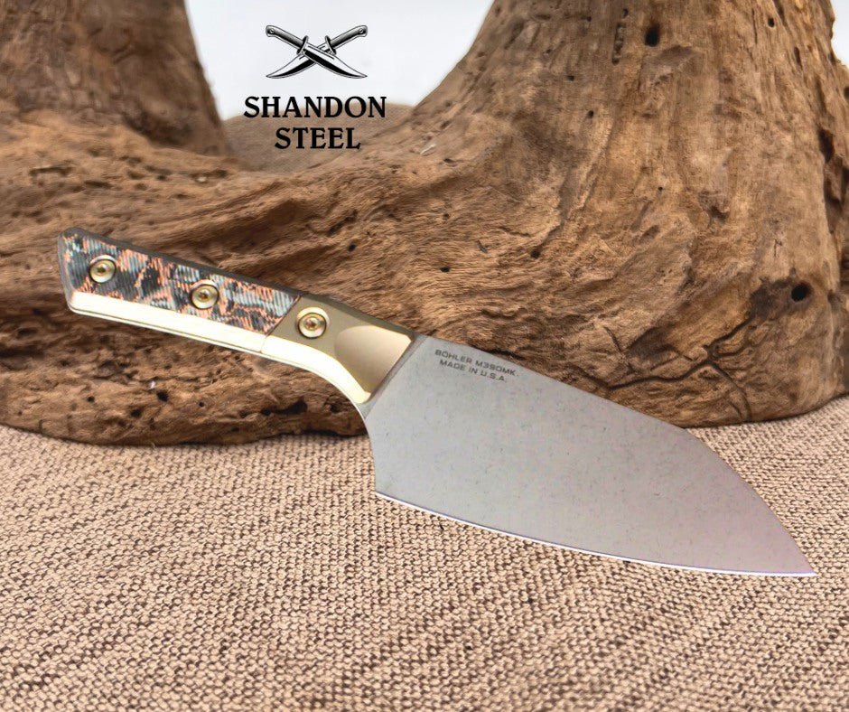 Microtech Cutlery- Santoku 6"- Bronze Bead Blast Titanium Bolster- Live Wire Carbon Fiber Handles- Stonewash Blade 3200B-1 DLCLWCFS