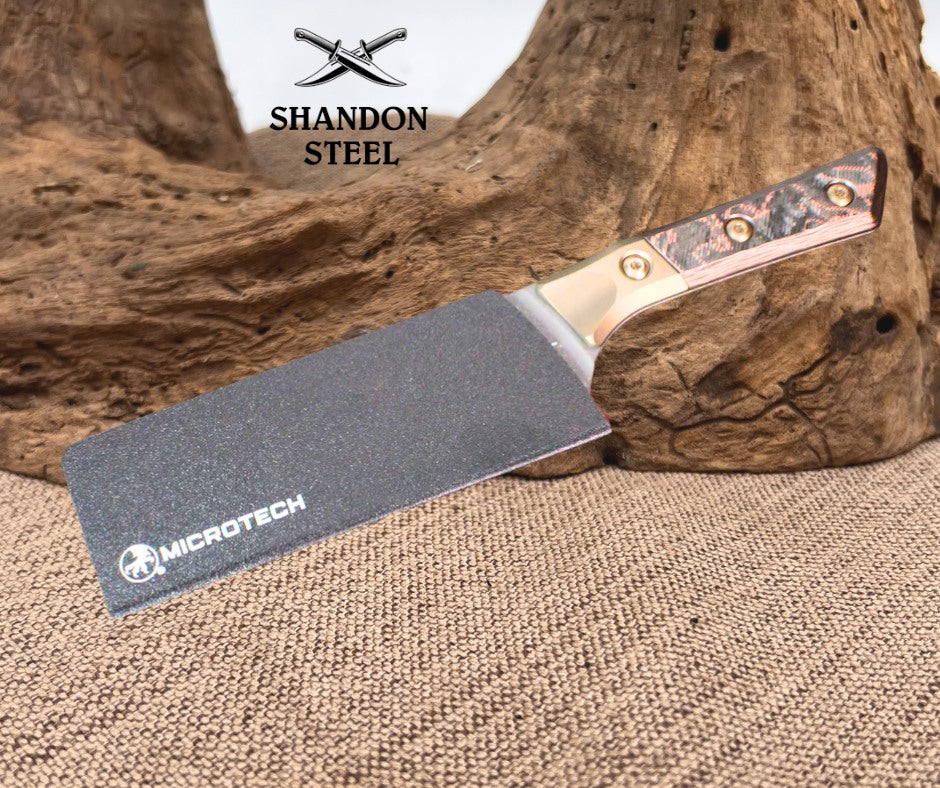 Microtech Cutlery- Santoku 6"- Bronze Bead Blast Titanium Bolster- Live Wire Carbon Fiber Handles- Stonewash Blade 3200B-1 DLCLWCFS