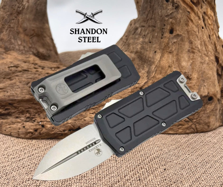 Microtech Exocet II w/ Black Aluminum Handle & Stonewash M390MK D/E 1157-10