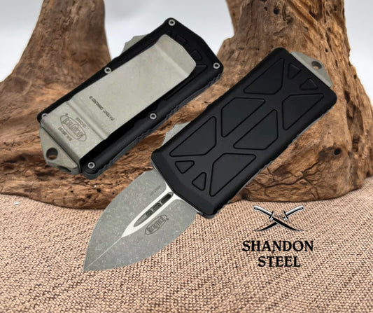 Microtech Exocet Black Aluminum Handle w/ D/E Apocalyptic 157-10AP