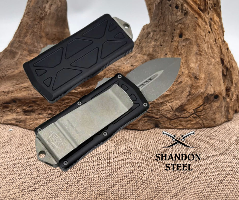 Microtech Exocet Black Aluminum Handle w/ D/E Apocalyptic 157-10AP