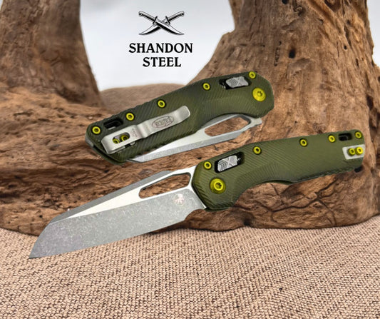 Microtech Knives MSI RAM LOK Distressed Grenade Green Fluted Aluminum & Apocalyptic M390MK 210-10FLDGG-U25