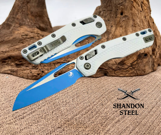 Microtech Knives MSI RAM LOK White Polymer Handles & Sky Blue M390MK 210T-1PMCWH-Y7