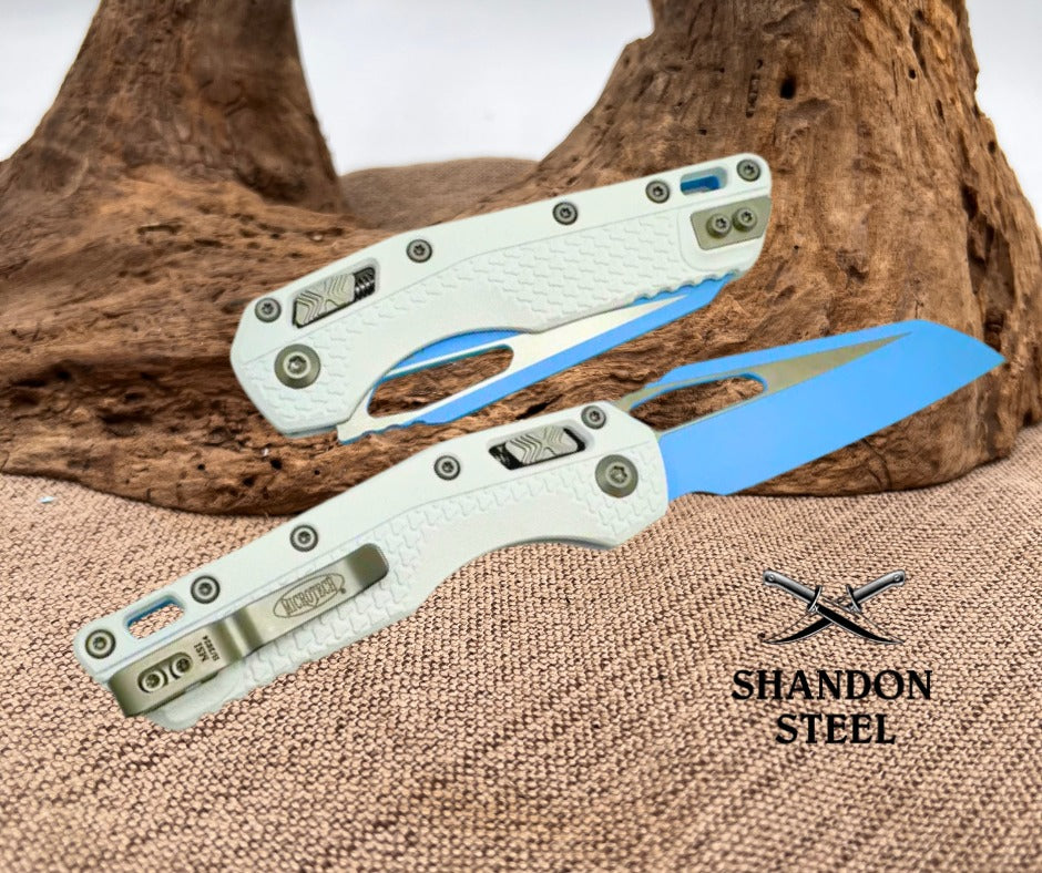 Microtech Knives MSI RAM LOK White Polymer Handles & Sky Blue M390MK 210T-1PMCWH-Y7