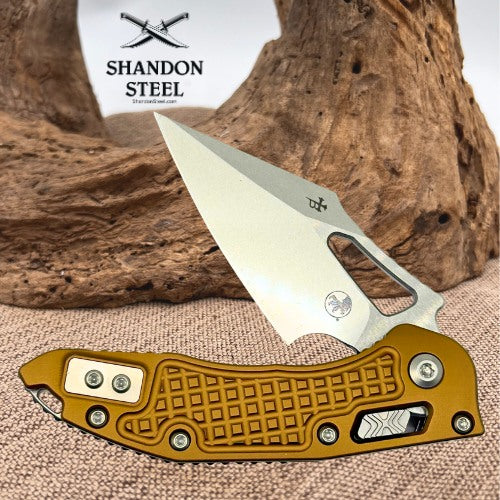 Microtech Knives Manual M-Stitch RAM LOK Tan Frag Aluminum Handles & Stonewash M390MK 169MRL-10FRTA