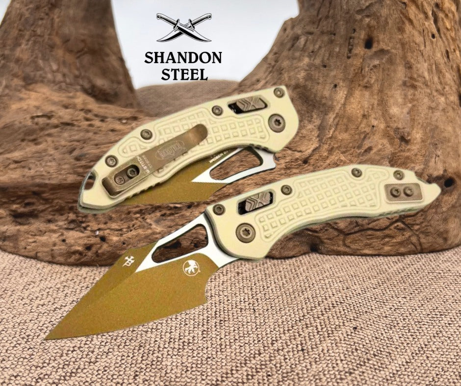 Microtech Knives Manual M-Stitch RAM LOK Champagne Gold Frag Aluminum Handles w/ M390MK 169MRL-1FRCG-C19Z23