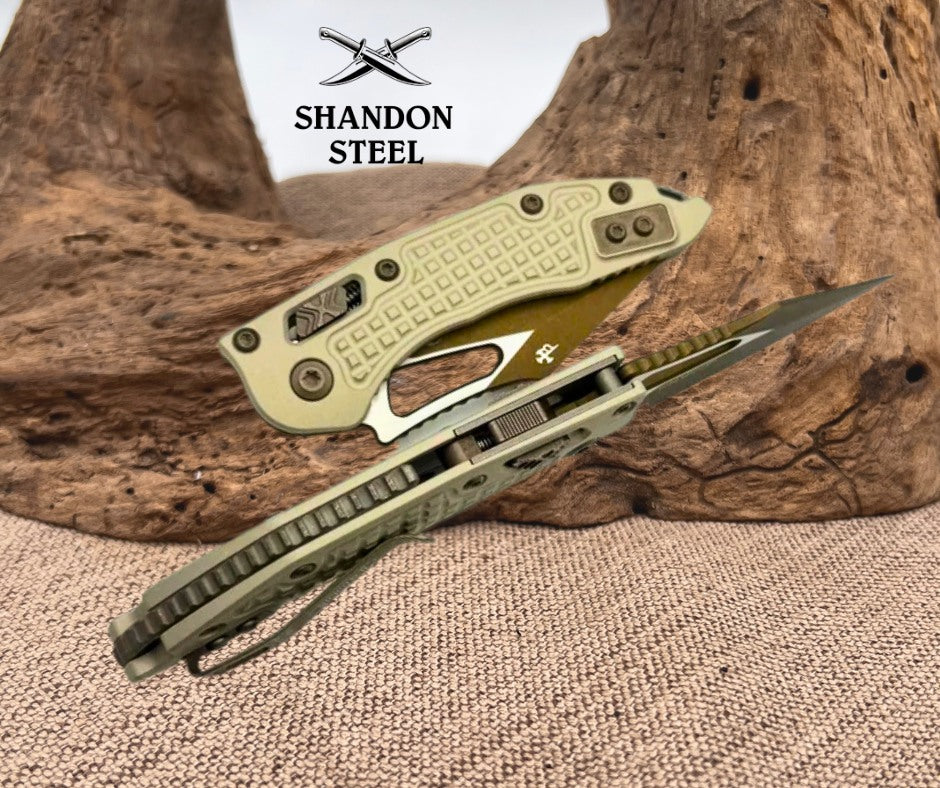 Microtech Knives Manual M-Stitch RAM LOK Champagne Gold Frag Aluminum Handles w/ M390MK 169MRL-1FRCG-C19Z23