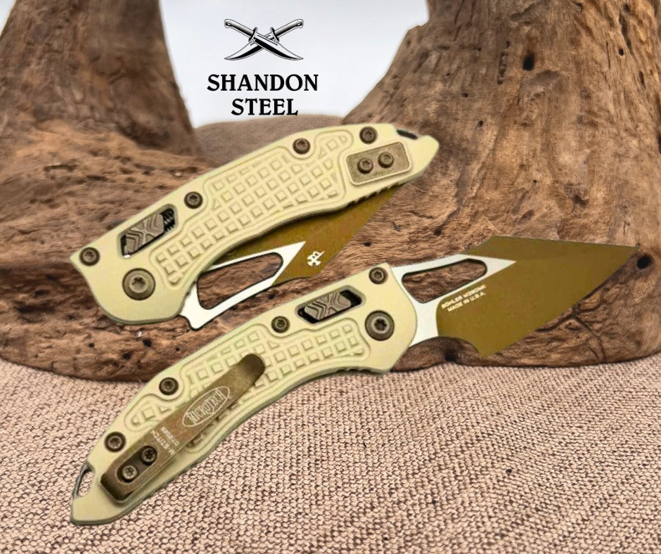 Microtech Knives Manual M-Stitch RAM LOK Champagne Gold Frag Aluminum Handles w/ M390MK 169MRL-1FRCG-C19Z23