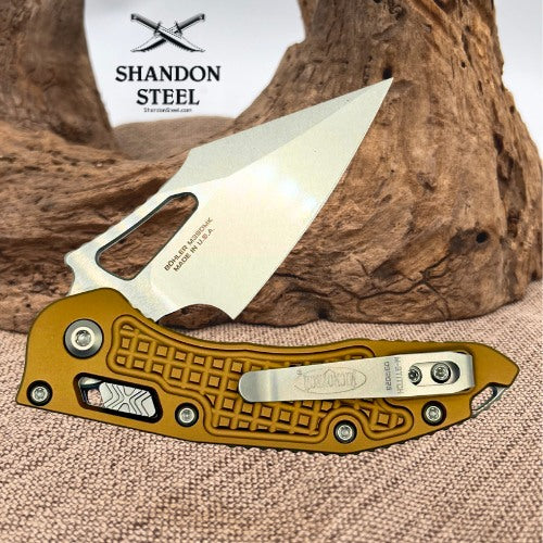 Microtech Knives Manual M-Stitch RAM LOK Tan Frag Aluminum Handles & Stonewash M390MK 169MRL-10FRTA