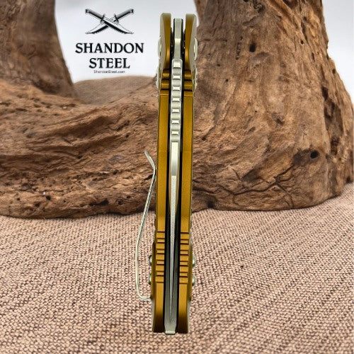 Microtech Knives Manual M-Stitch RAM LOK Tan Frag Aluminum Handles & Stonewash M390MK 169MRL-10FRTA