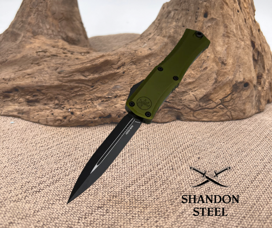 Microtech Knives Mini Hera Black D/E M390MK w/ OD Green Handle 1702M-1 OD