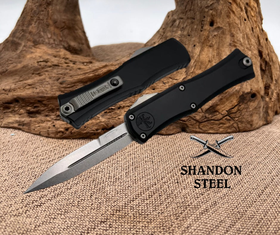 Microtech Knives Mini Hera Stonewash Double Edge M390MK w/ Black Handle 1702M-10