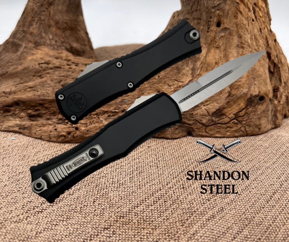 Microtech Knives Mini Hera Stonewash Double Edge M390MK w/ Black Handle 1702M-10