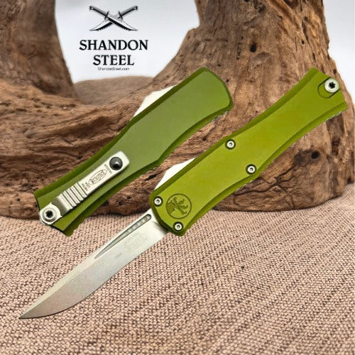 Microtech Knives Mini Hera Stonewash Recurve M390MK w/ OD Green Handle 1705M-10OD