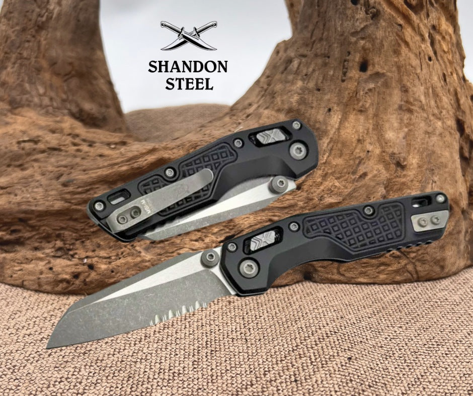 Microtech MSI RAM LOK Mini Black Frag Aluminum Handles w/ Apocalyptic Serrated M390MK 210M-11APFR