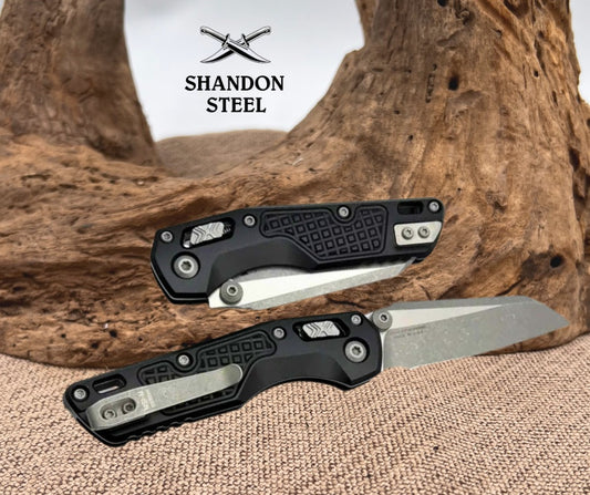 Microtech MSI RAM LOK Mini Black Frag Aluminum Handles w/ Apocalyptic Serrated M390MK 210M-11APFR