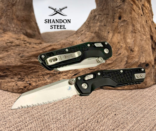 Microtech MSI RAM LOK Mini Frag Aluminum Handles w/ Full Serrated Stonewash M390MK 210M-12FR