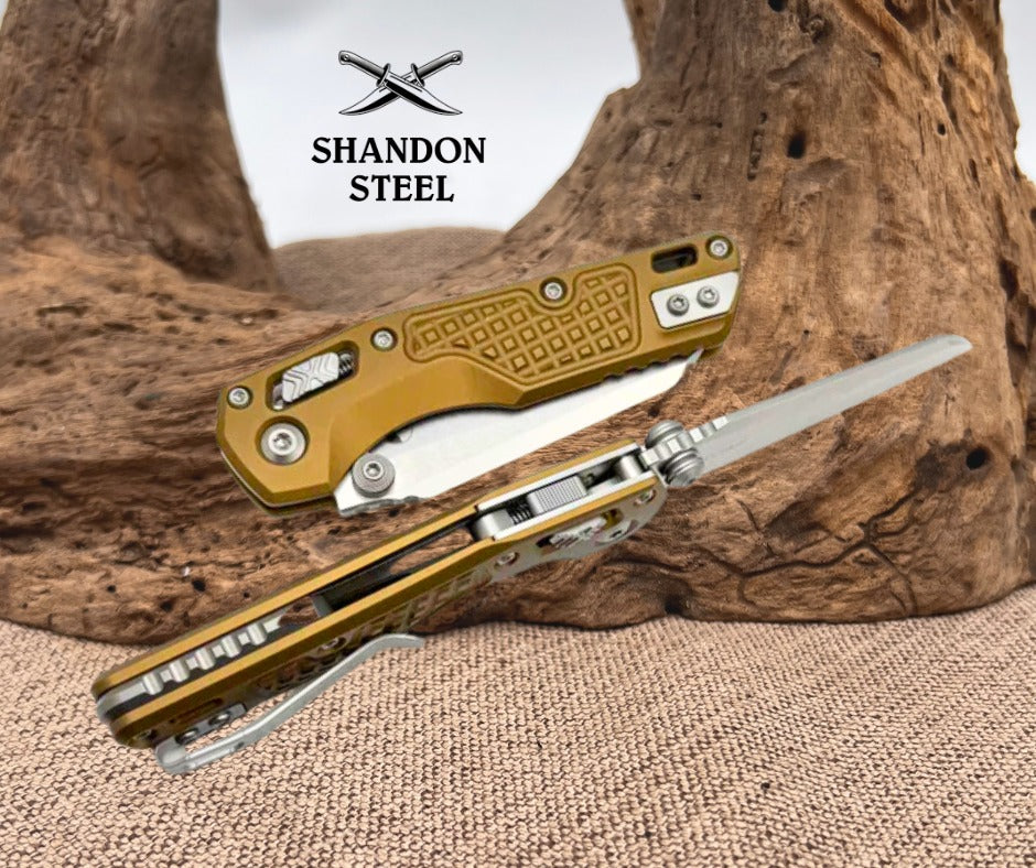 Microtech MSI RAM LOK Mini Tan Frag Aluminum Handles w/ Stonewash M390MK 210M-10FRTA