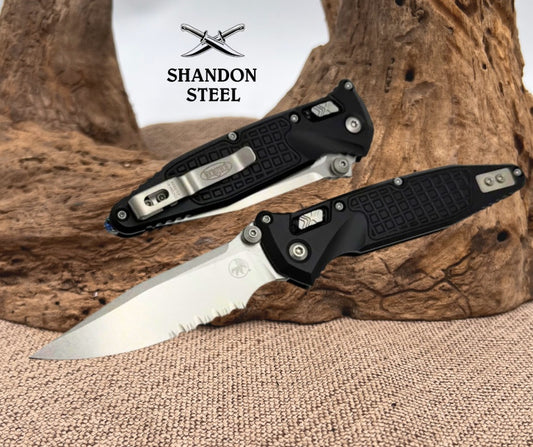 Microtech Socom Ram-Lok w/ Aluminum Frag Handles & S/E Serrated Stonewash M390MK 160RL-11FR