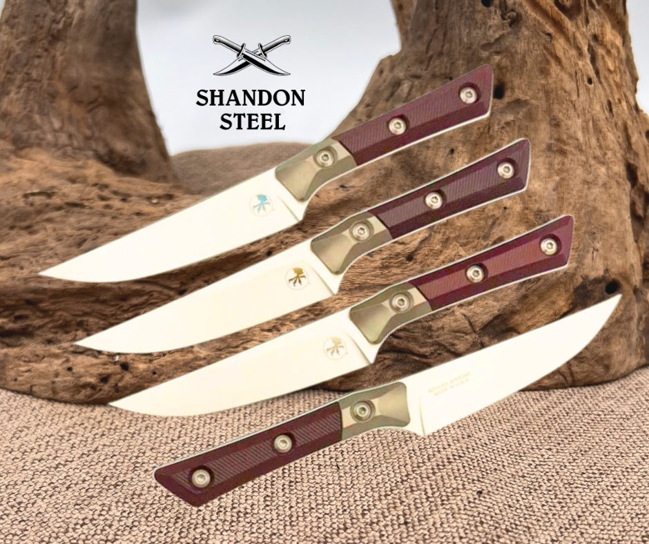 Microtech Steak 4 Piece Set Black Cherry G-10/Titanium Bolster Handle w/ Stonewash M390MK 3600B-10SETBC