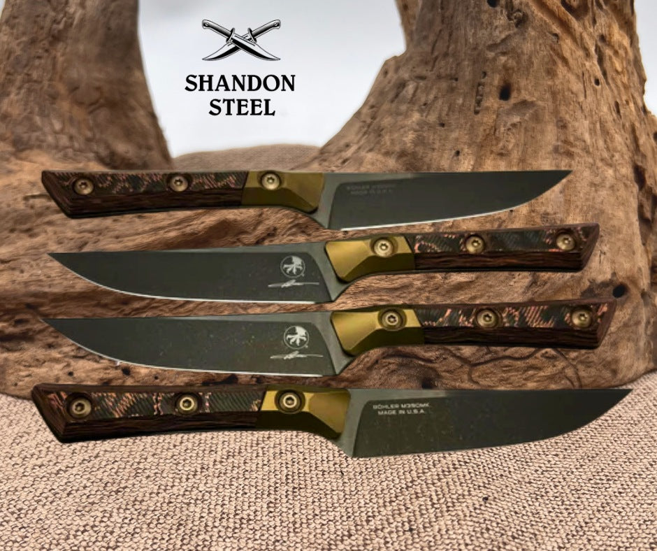 Microtech Steak 4 Piece Set Livewire Carbon Fiber/Bronze Ti Bolster Handle w/ DLC M390MK 3600B-1SETDLCLWCFS