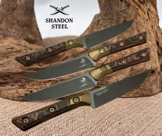 Microtech Steak 4 Piece Set Livewire Carbon Fiber/Bronze Ti Bolster Handle w/ DLC M390MK 3600B-1SETDLCLWCFS
