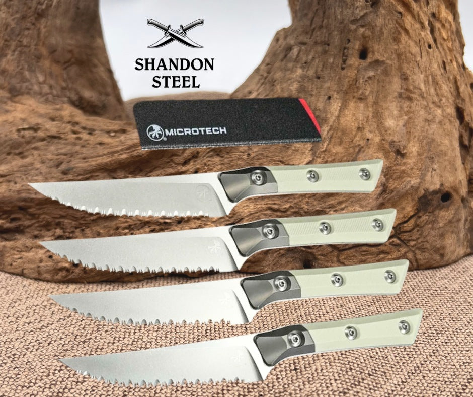Microtech Steak Knife Set (4) Stonewash Full Serrate Titanium Bolster Ivory G-10 (3600B-12SETIV)