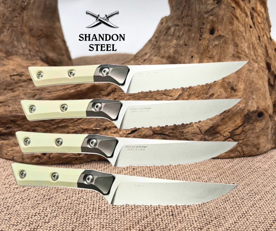 Microtech Steak Knife Set (4) Stonewash Full Serrate Titanium Bolster Ivory G-10 (3600B-12SETIV)