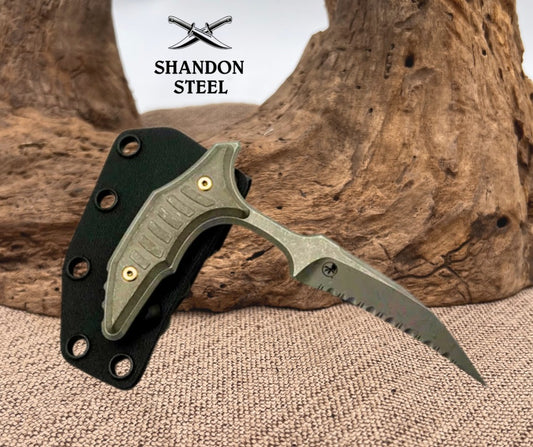 Microtech & Bastinelli Bee Marfione Select Apocalyptic Full Serrated w/ Apocalyptic Handles & Bronze Hardware 218-12APMS1